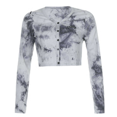 Rib Knitted Skinny Tie Dye Print Streetwear Ruffle Crop Top T-Shirt Women