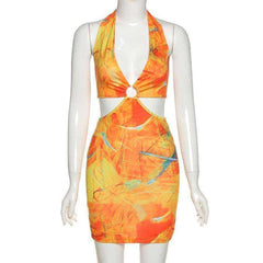 Club Wild Contrast Hollow Out Low-Cut Halter Bodycon Patchwork Woman Dresses