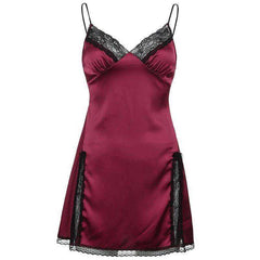 Women's Satin Lace Patchwork Backless V Neck  Mini Side Split Black Dress