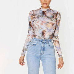 Women Full Length Regular Sleeve Turtleneck Skinny Printed Bodysuit Sweatshirt