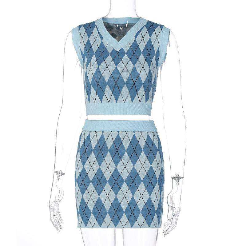 Aesthetics Tank Tops and Mini Skirt Suit Knitted E-girl Sleeveles