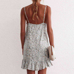 Summer Boho Spaghetti Strap Flower Print Ruffle Mini Dress