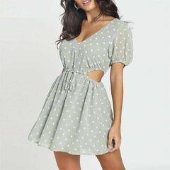 Polka Dot Green Chiffon Hollow Out Drawstring Waist Mini Dress