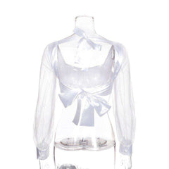 Mesh Long Sleeve Crop Top White Lace Up Backless