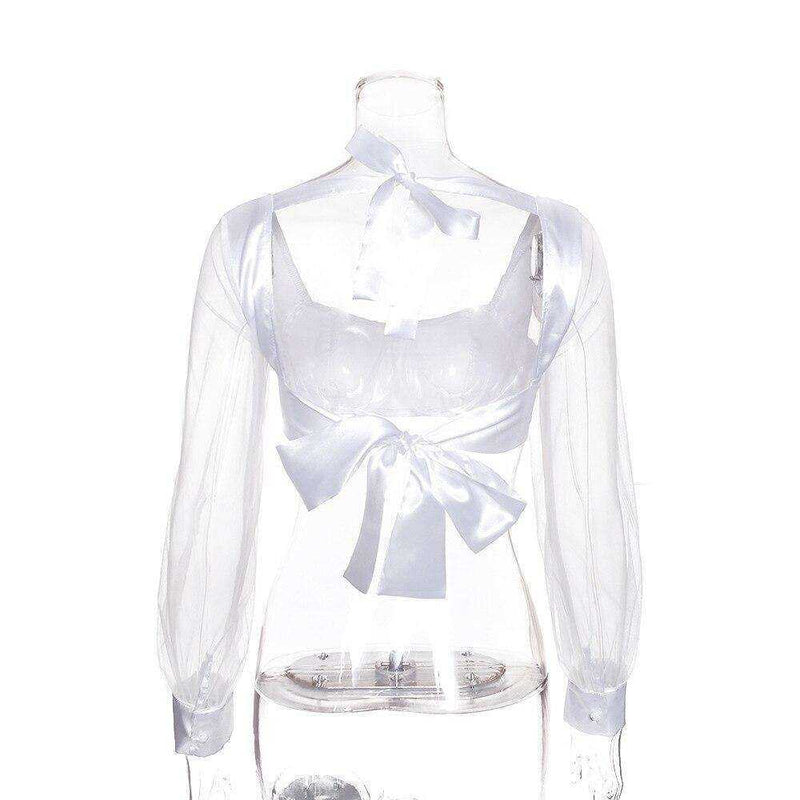 Mesh Long Sleeve Crop Top White Lace Up Backless