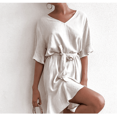 Solid Cotton Linen  Short Sleeve V Neck Mini A-line Summer Dress