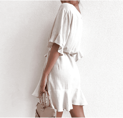 Image of Solid Cotton Linen  Short Sleeve V Neck Mini A-line Summer Dress