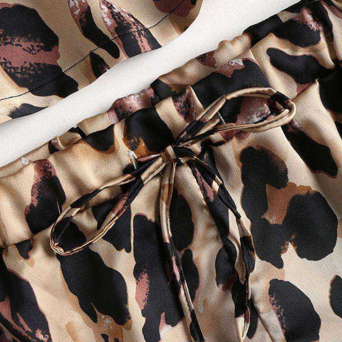 Image of V-Neck Crop Top Drawstring Wide Leg Shorts Leopard Printed Loungewear