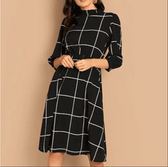 Stand Collar Simple Plaid 3/4 Sleeve Knee Length Line Dress