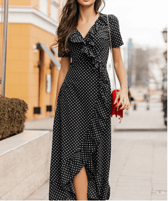 Polka Dots Elegant V-neck Ruffles Bohemian Beach  Dress