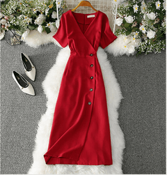 Elegant Buttons Casual Slim Vintage Romance Women Dress