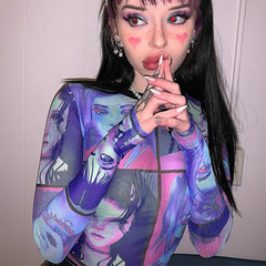 Goth Dark Y2K E-Girl O-Neck Mesh Aesthetic Print Bodycon T-Shirts