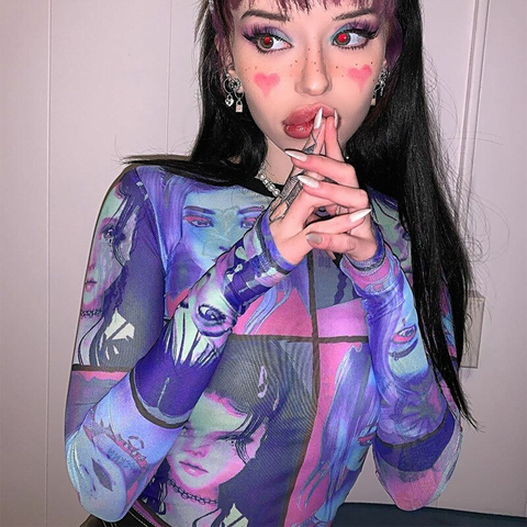 Image of Goth Dark Y2K E-Girl O-Neck Mesh Aesthetic Print Bodycon T-Shirts