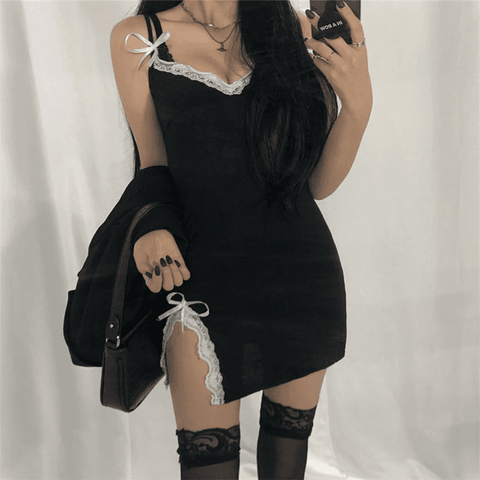 Image of Sexy Lace Patchwork Black Mini Gothic Streetwear Slit Dress