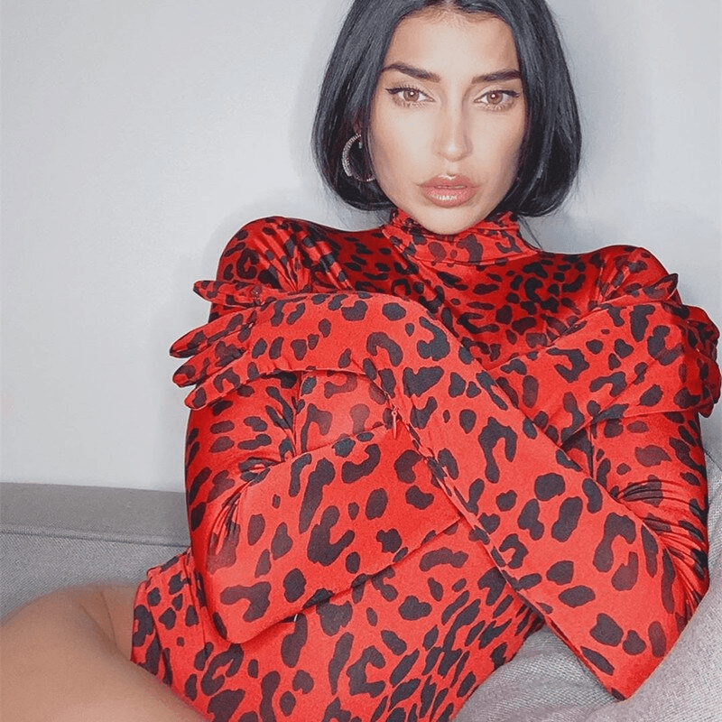 Red Leopard Print Turtleneck Bodysuit with Gloves Autumn Skinny Body Long Sleeve