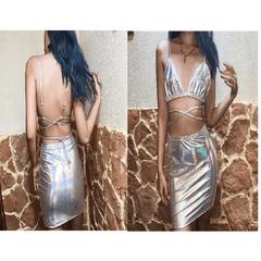 Silver Glitter Lace-Up Camisole Skirts Set