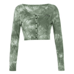 Rib Knitted Skinny Tie Dye Print Streetwear Ruffle Crop Top T-Shirt Women
