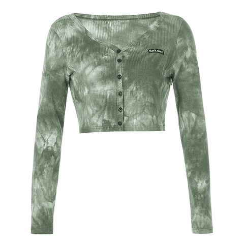 Image of Rib Knitted Skinny Tie Dye Print Streetwear Ruffle Crop Top T-Shirt Women