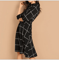 Stand Collar Simple Plaid 3/4 Sleeve Knee Length Line Dress