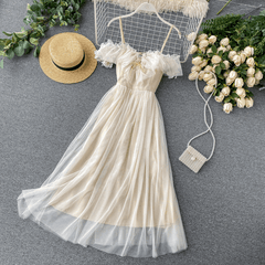 Elegant Ruffles Mesh High Slash Off Shoulder Drawstring Ropa Summer Dress