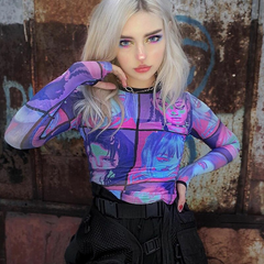 Goth Dark Y2K E-Girl O-Neck Mesh Aesthetic Print Bodycon T-Shirts