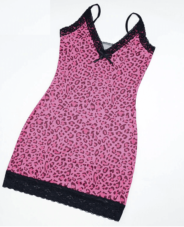 Aesthetic Lace Trim Leopard Printing Party Cami Mini Dress