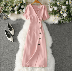 Elegant Buttons Casual Slim Vintage Romance Women Dress