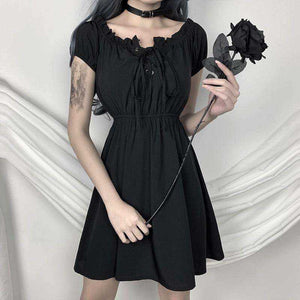 Sexy Gothic High Waist Off Shoulder Solid Black Casual Dress