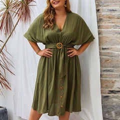 Women Autumn Plus Size 4XL V Neck Pure Color Full Sleeve Dress