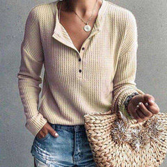 Women Fashion V-neck Solid Color Knitted Long Sleeve T-shirt Fall Clothes