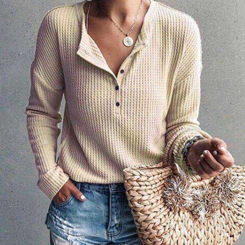 Women Fashion V-neck Solid Color Knitted Long Sleeve T-shirt Fall Clothes