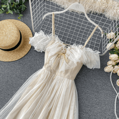 Elegant Ruffles Mesh High Slash Off Shoulder Drawstring Ropa Summer Dress