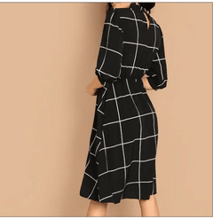 Stand Collar Simple Plaid 3/4 Sleeve Knee Length Line Dress