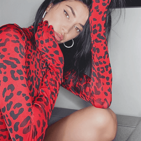 Image of Red Leopard Print Turtleneck Bodysuit with Gloves Autumn Skinny Body Long Sleeve
