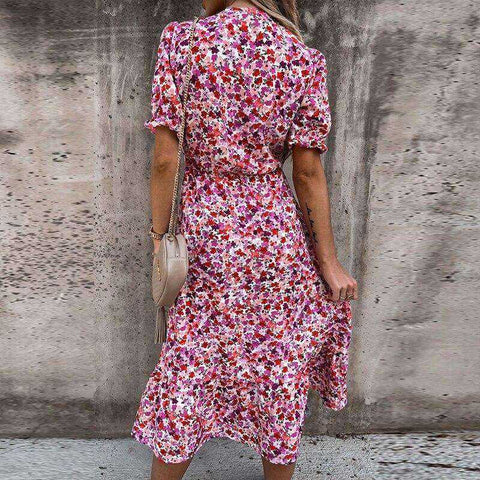 Image of Summer Sexy Fashion Slim Button V Neck Elegant Gorgeous Floral Print A-Line Short Sleeve Slit Long Dress