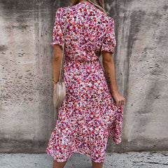 Summer Sexy Fashion Slim Button V Neck Elegant Gorgeous Floral Print A-Line Short Sleeve Slit Long Dress