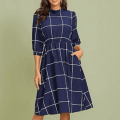 Stand Collar Simple Plaid 3/4 Sleeve Knee Length Line Dress
