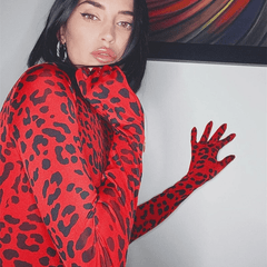 Red Leopard Print Turtleneck Bodysuit with Gloves Autumn Skinny Body Long Sleeve