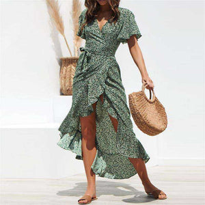 Summer Beach Maxi Floral Print Boho Long Ruffles Wrap Casual V-Neck Dress Women