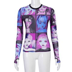 Goth Dark Y2K E-Girl O-Neck Mesh Aesthetic Print Bodycon T-Shirts