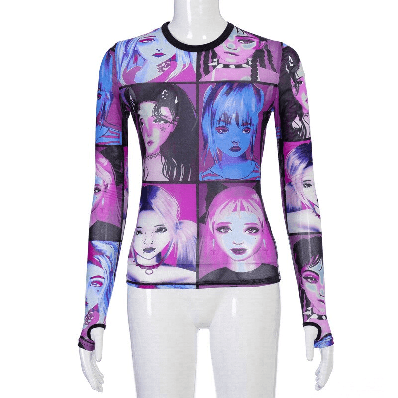 Goth Dark Y2K E-Girl O-Neck Mesh Aesthetic Print Bodycon T-Shirts