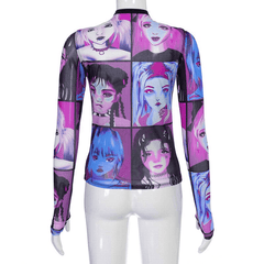 Goth Dark Y2K E-Girl O-Neck Mesh Aesthetic Print Bodycon T-Shirts