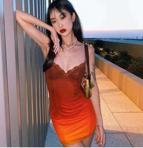 Image of Fashionable Sexy V Neck Spaghetti Straps Gradient Color Women Mini Dress