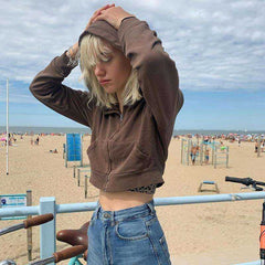Autumn Fashion Longslive Women Zip Up Hoodies Cropped Sweatshirt