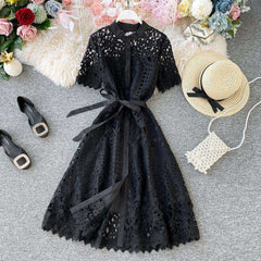 Women Elegant Hollow Out Lace Dress Solid O-Neck Button up Sashes
