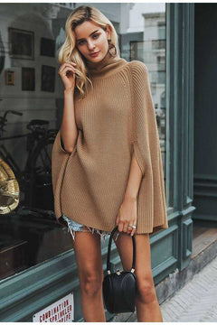 High Collar Brown Knitted Turtleneck Sweater