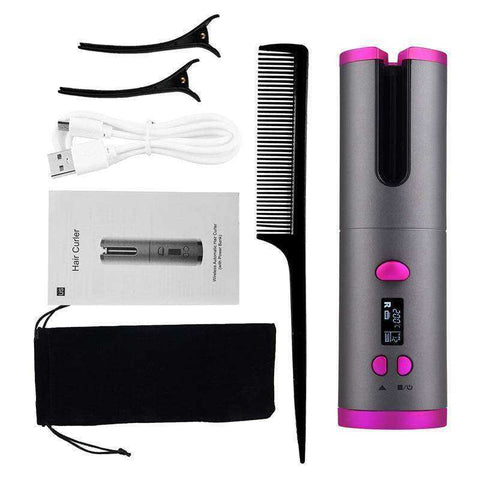 Image of Black-Pink Cordless Auto Rotating Ceramic Hair Curler USB Rechargeable