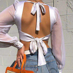 Mesh Long Sleeve Crop Top White Lace Up Backless