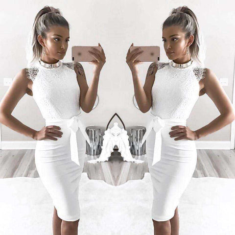 Image of White Lace Slim Pencil O-Neck Women Midi Dress