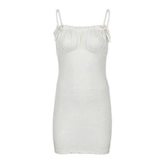 Aesthetic White Mini Dress Spaghetti Strap Bow Ruched